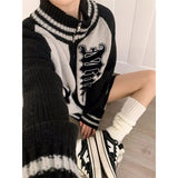Getadme-Streetwear Y2k Zip Sweater Cardigan Women Retro Grey Striped Patchwork Oversize Letter Jumper Korean Style Knitted Top