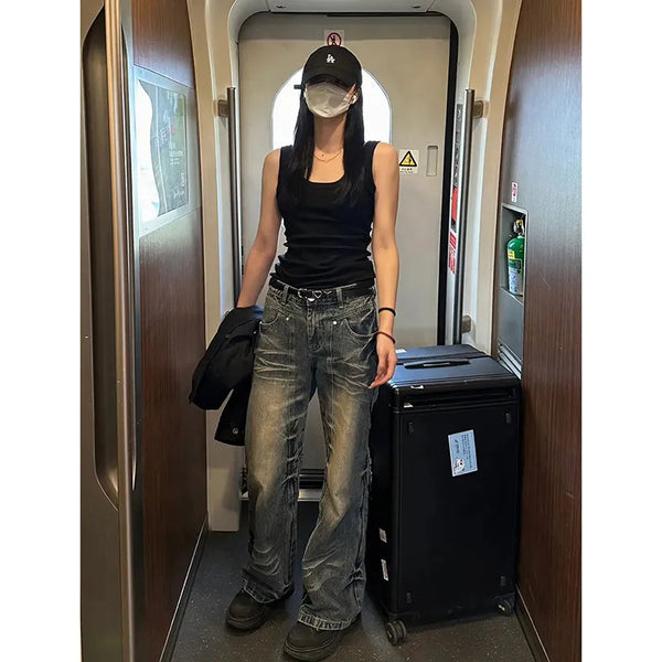 GETADME Y2K Slim Fit High Waist Casual Womens Jeans Retro Denim Pants Low Rise Flared Trousers Long Bootcut Drag Autumn for Women