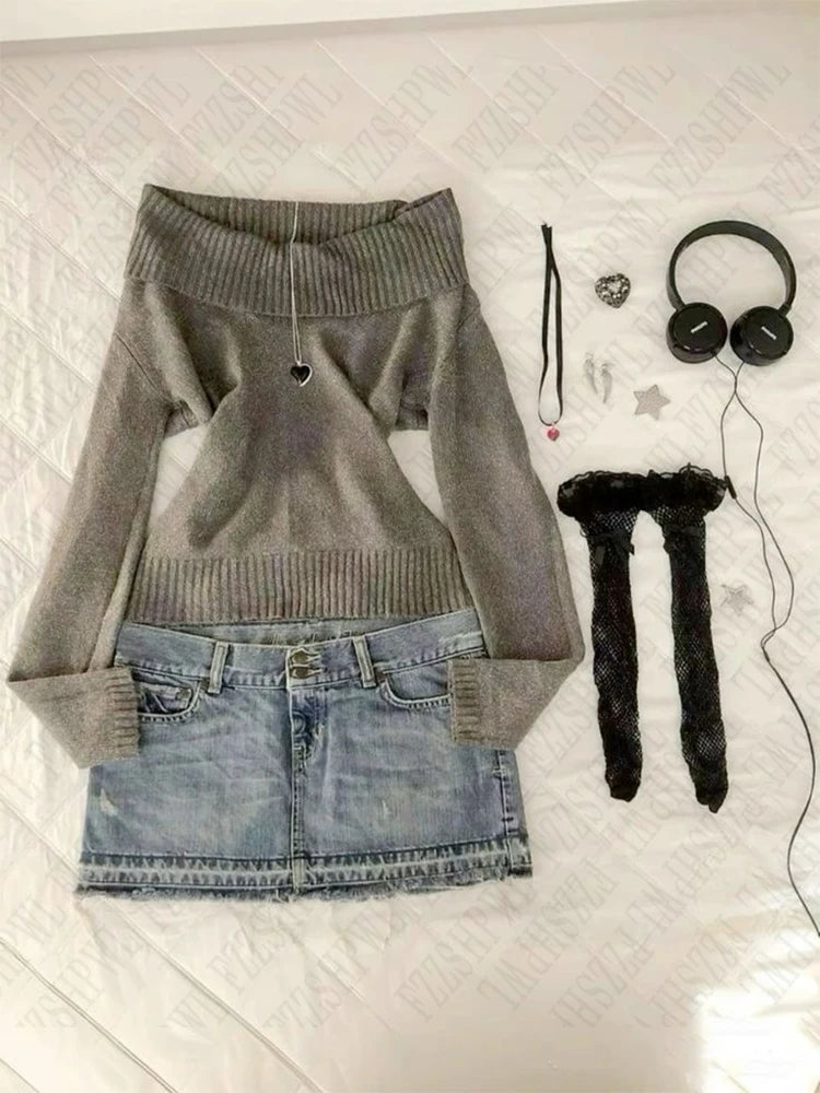 Getadme Solid color women's pullover sweater casual retro streetwear lapel one-shoulder Harajuku Y2K versatile cute emo girls slim tops