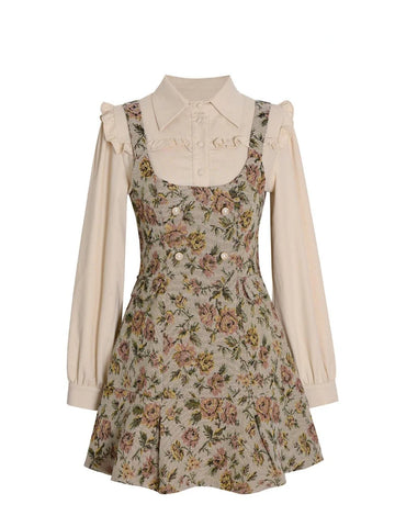 Getadme Elegant Vintage Floral Dress Women Fake Two Piece Patchwork Ruffles Chic Korean Fashion Female Dresses Autumn