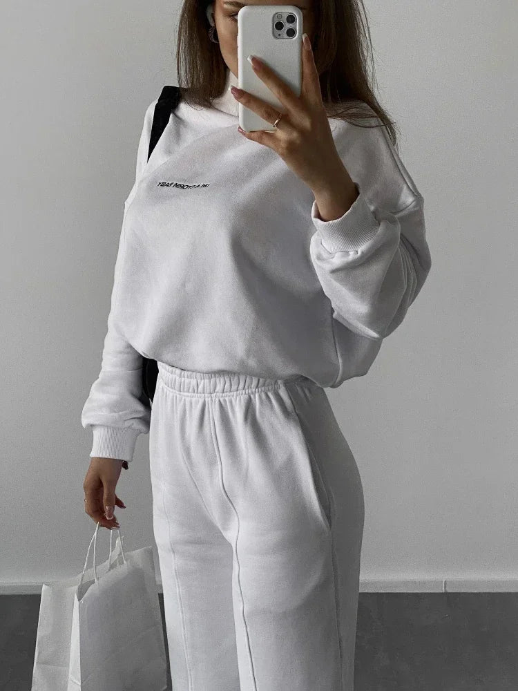 GETADME Sweatshirt Suit Women Winter Turtleneck Tops High Waist Ankle Length Sport Pants 2 Piece Sets Letter Fleece Tracksuit for Women