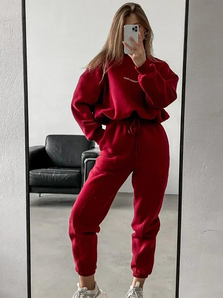 GETADME Sweatshirt Suit Women Winter Turtleneck Tops High Waist Ankle Length Sport Pants 2 Piece Sets Letter Fleece Tracksuit for Women