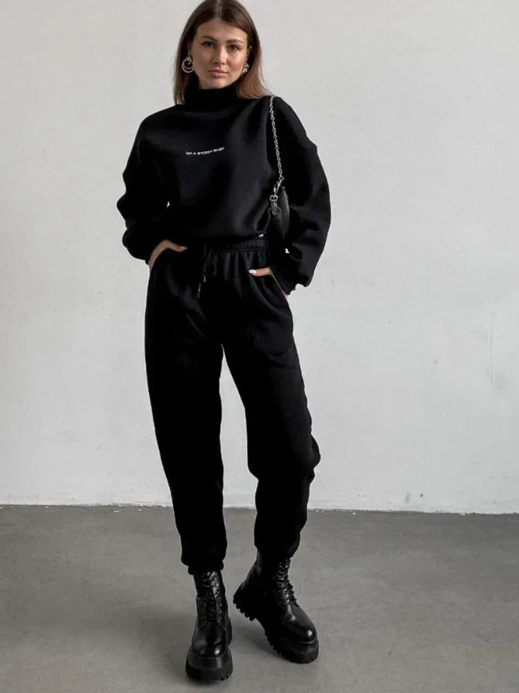 GETADME Sweatshirt Suit Women Winter Turtleneck Tops High Waist Ankle Length Sport Pants 2 Piece Sets Letter Fleece Tracksuit for Women