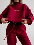 GETADME Sweatshirt Suit Women Winter Turtleneck Tops High Waist Ankle Length Sport Pants 2 Piece Sets Letter Fleece Tracksuit for Women