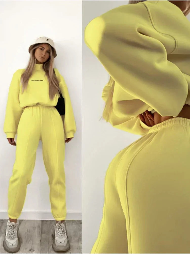 GETADME Sweatshirt Suit Women Winter Turtleneck Tops High Waist Ankle Length Sport Pants 2 Piece Sets Letter Fleece Tracksuit for Women