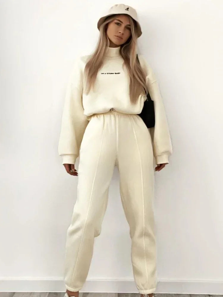 GETADME Sweatshirt Suit Women Winter Turtleneck Tops High Waist Ankle Length Sport Pants 2 Piece Sets Letter Fleece Tracksuit for Women