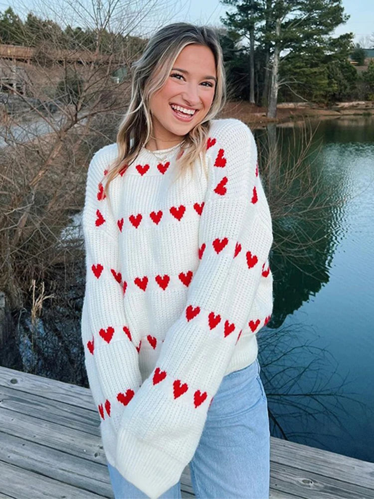 GETADME Sweet Crochet Love Shape Knitted Pullovers For Women 2024 New Autumn O-neck Long Sleeve Sweater Knitwear Street Chic Lady Jumper