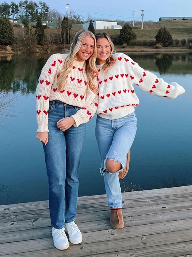 GETADME Sweet Crochet Love Shape Knitted Pullovers For Women 2024 New Autumn O-neck Long Sleeve Sweater Knitwear Street Chic Lady Jumper
