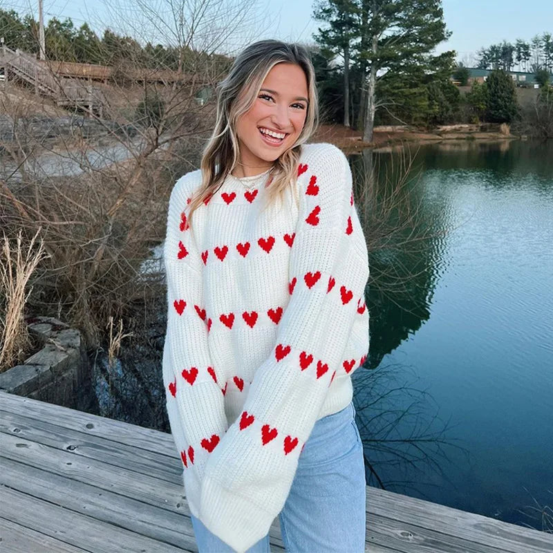 GETADME Sweet Crochet Love Shape Knitted Pullovers For Women 2024 New Autumn O-neck Long Sleeve Sweater Knitwear Street Chic Lady Jumper