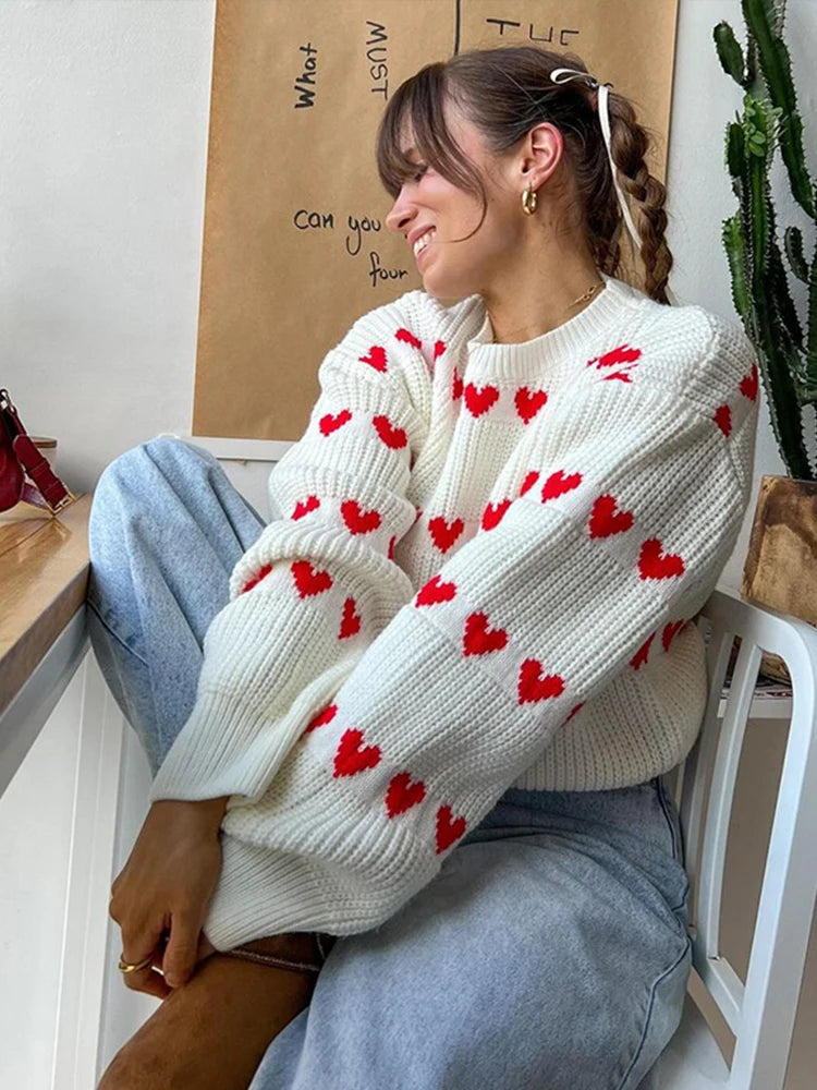 GETADME Sweet Crochet Love Shape Knitted Pullovers For Women 2024 New Autumn O-neck Long Sleeve Sweater Knitwear Street Chic Lady Jumper