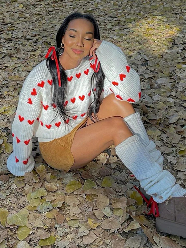 GETADME Sweet Crochet Love Shape Knitted Pullovers For Women 2024 New Autumn O-neck Long Sleeve Sweater Knitwear Street Chic Lady Jumper