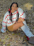 GETADME Sweet Crochet Love Shape Knitted Pullovers For Women 2024 New Autumn O-neck Long Sleeve Sweater Knitwear Street Chic Lady Jumper