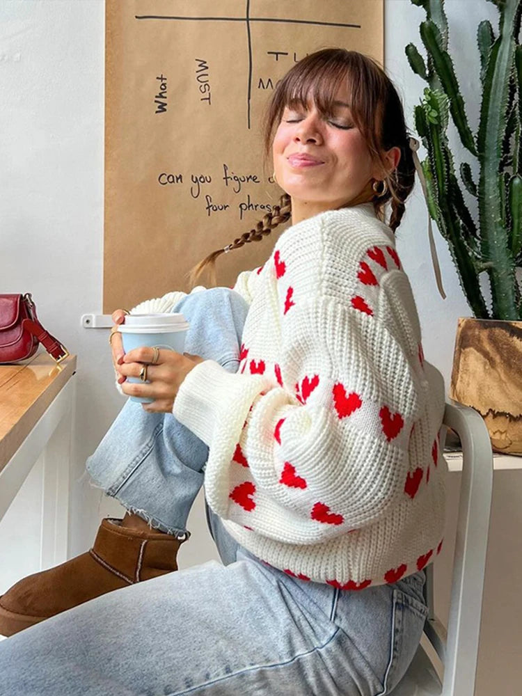 GETADME Sweet Crochet Love Shape Knitted Pullovers For Women 2024 New Autumn O-neck Long Sleeve Sweater Knitwear Street Chic Lady Jumper