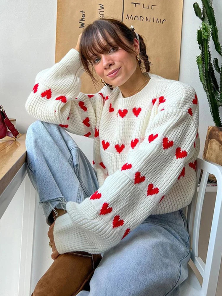 GETADME Sweet Crochet Love Shape Knitted Pullovers For Women 2024 New Autumn O-neck Long Sleeve Sweater Knitwear Street Chic Lady Jumper