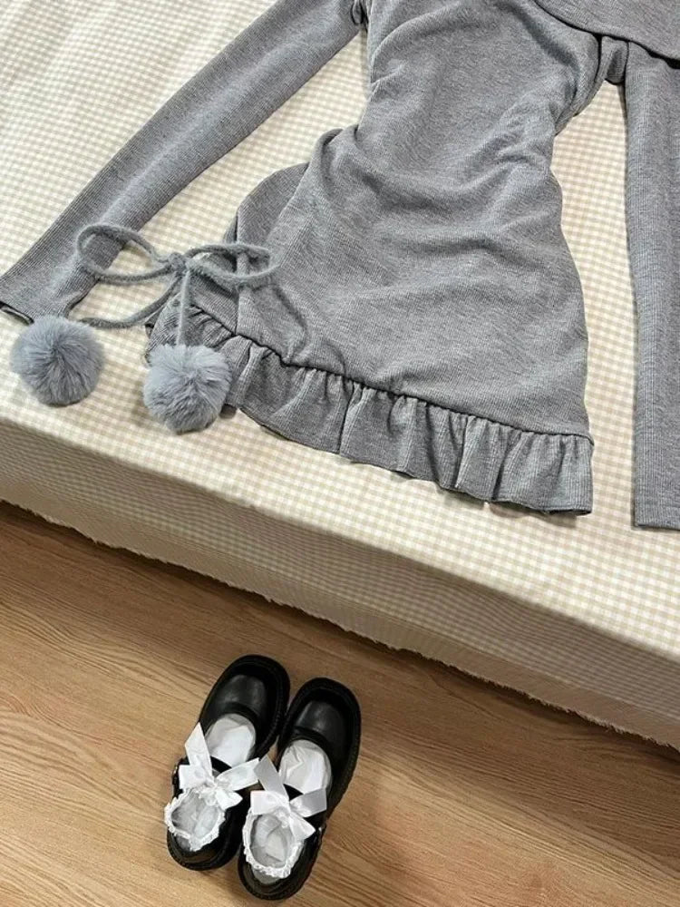 GETADME Sweet Sexy Lace Patchwork Black Camisole Dress for Women+ Long Sleeve Slim Fit Y2k Crop Tops Autumn New Two Piece Sets Outfits