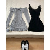 GETADME Sweet Sexy Lace Patchwork Black Camisole Dress for Women+ Long Sleeve Slim Fit Y2k Crop Tops Autumn New Two Piece Sets Outfits