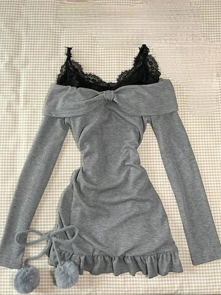 GETADME Sweet Sexy Lace Patchwork Black Camisole Dress for Women+ Long Sleeve Slim Fit Y2k Crop Tops Autumn New Two Piece Sets Outfits