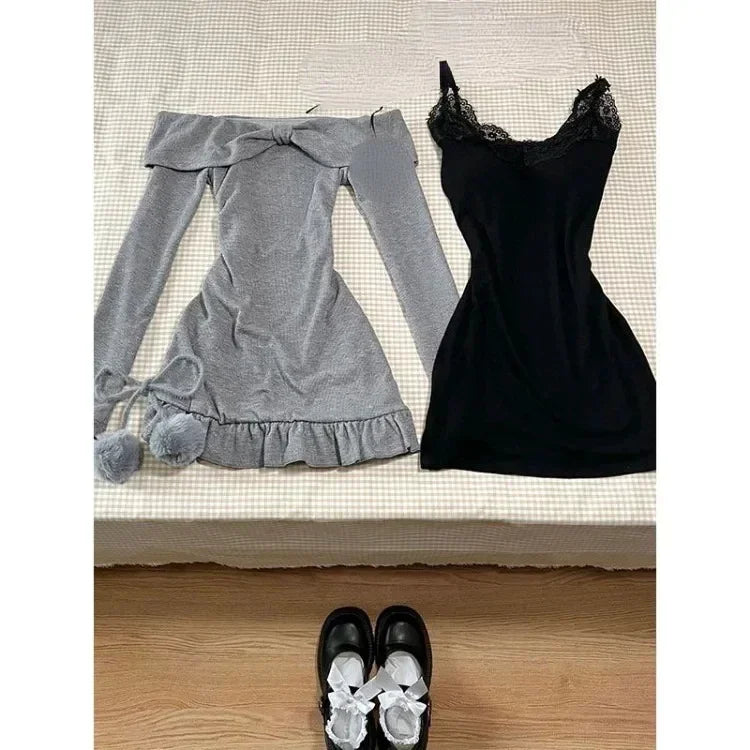 GETADME Sweet Sexy Lace Patchwork Black Camisole Dress for Women+ Long Sleeve Slim Fit Y2k Crop Tops Autumn New Two Piece Sets Outfits