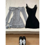 GETADME Sweet Sexy Lace Patchwork Black Camisole Dress for Women+ Long Sleeve Slim Fit Y2k Crop Tops Autumn New Two Piece Sets Outfits