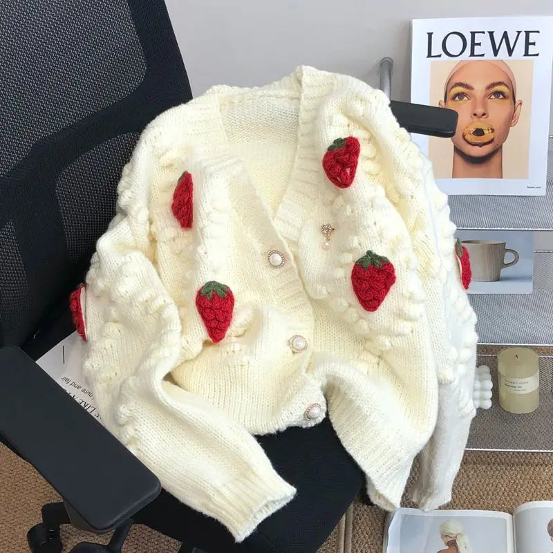GETADME Sweet Strawberry Embroidered Sweater Coat for Women's Thickened 2024 New Soft Knitted Cardigan Single-breasted V-neck Loose Top