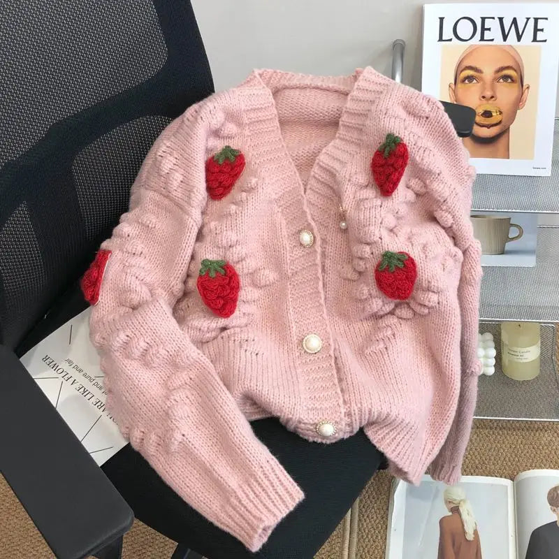 GETADME Sweet Strawberry Embroidered Sweater Coat for Women's Thickened 2024 New Soft Knitted Cardigan Single-breasted V-neck Loose Top