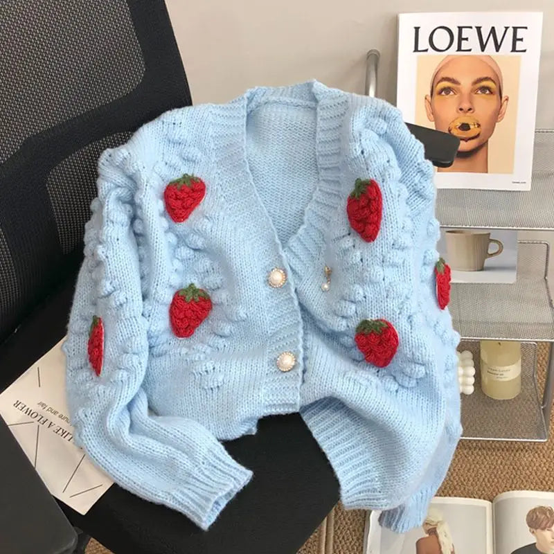 GETADME Sweet Strawberry Embroidered Sweater Coat for Women's Thickened 2024 New Soft Knitted Cardigan Single-breasted V-neck Loose Top