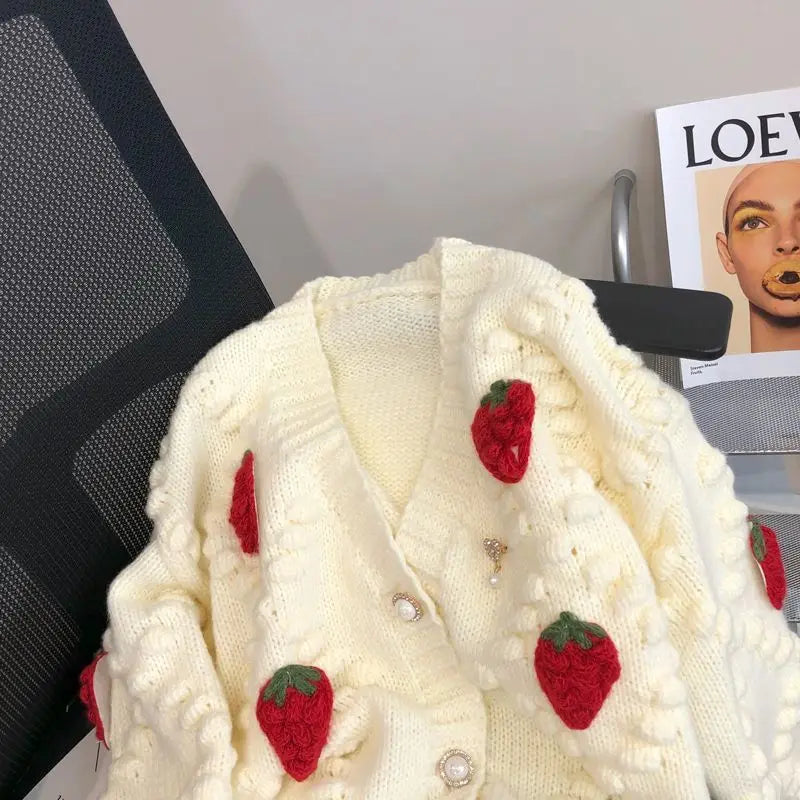 GETADME Sweet Strawberry Embroidered Sweater Coat for Women's Thickened 2024 New Soft Knitted Cardigan Single-breasted V-neck Loose Top