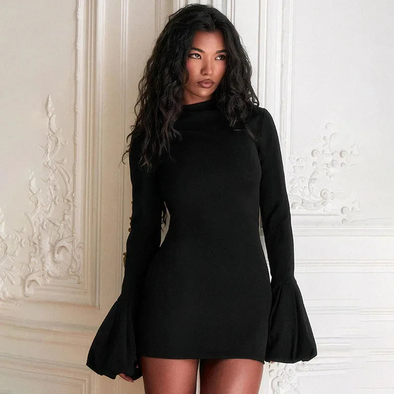 GETADME TARUXY Fashion Pull Sleeve Black Mini Dress Female High Waist Elegant Long Sleeve Dresses Club Party Bodycon Women's Clothing