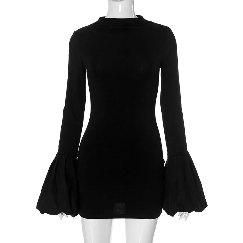 GETADME TARUXY Fashion Pull Sleeve Black Mini Dress Female High Waist Elegant Long Sleeve Dresses Club Party Bodycon Women's Clothing