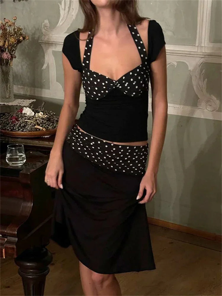 GETADME Tossy Patchwork Fashion 2 Piece-Set MIni Skirt For Women Lace-Up Contrast Backless Cropped Top And High Waist Skirt Sets Female