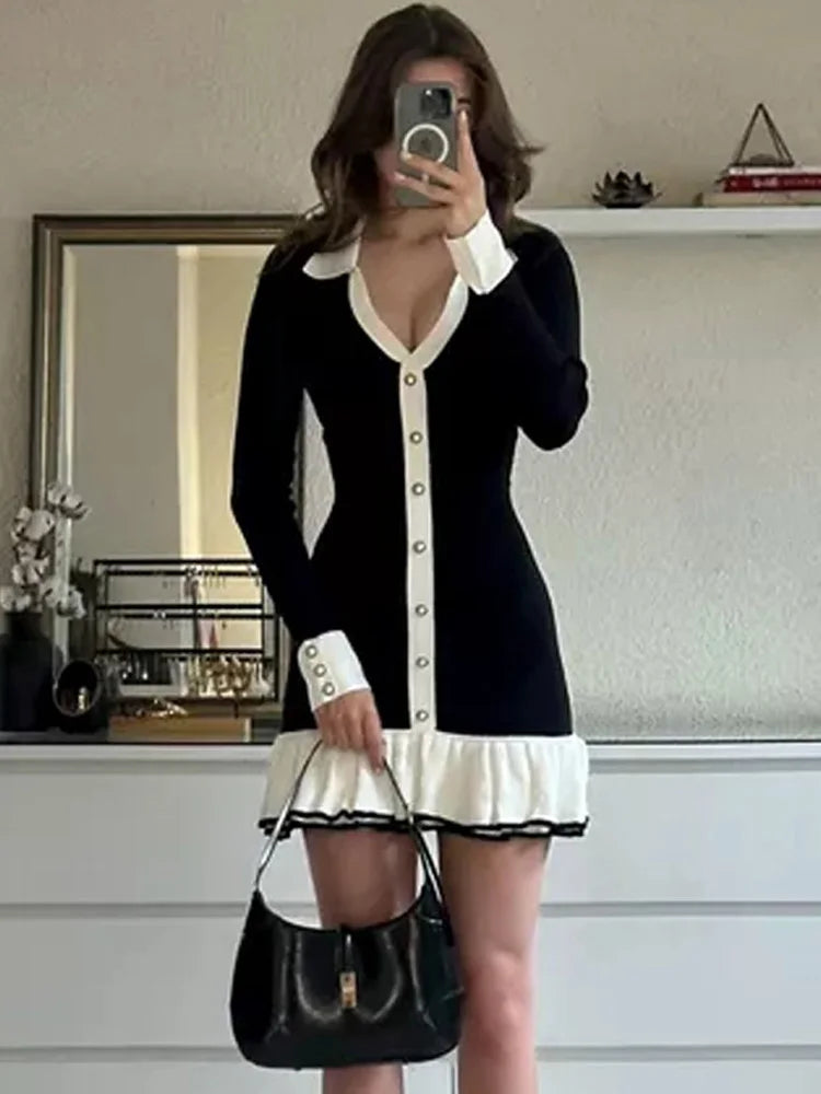 GETADME Tossy Ruffled Bow Knit Mini Dress Women's Summer Backless Contrast Cardigan Lace-Up Elegant Dress Female Knitwear Bandage Dress