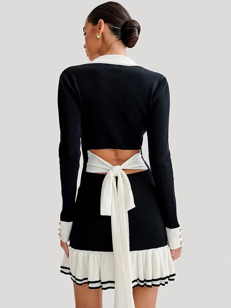 GETADME Tossy Ruffled Bow Knit Mini Dress Women's Summer Backless Contrast Cardigan Lace-Up Elegant Dress Female Knitwear Bandage Dress