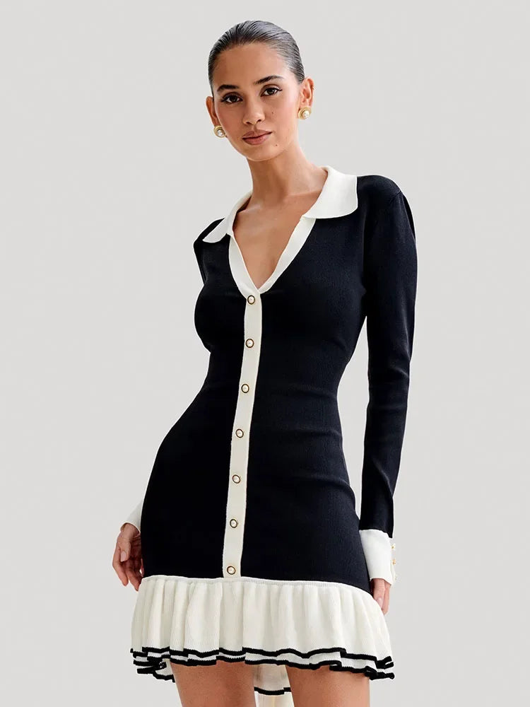 GETADME Tossy Ruffled Bow Knit Mini Dress Women's Summer Backless Contrast Cardigan Lace-Up Elegant Dress Female Knitwear Bandage Dress