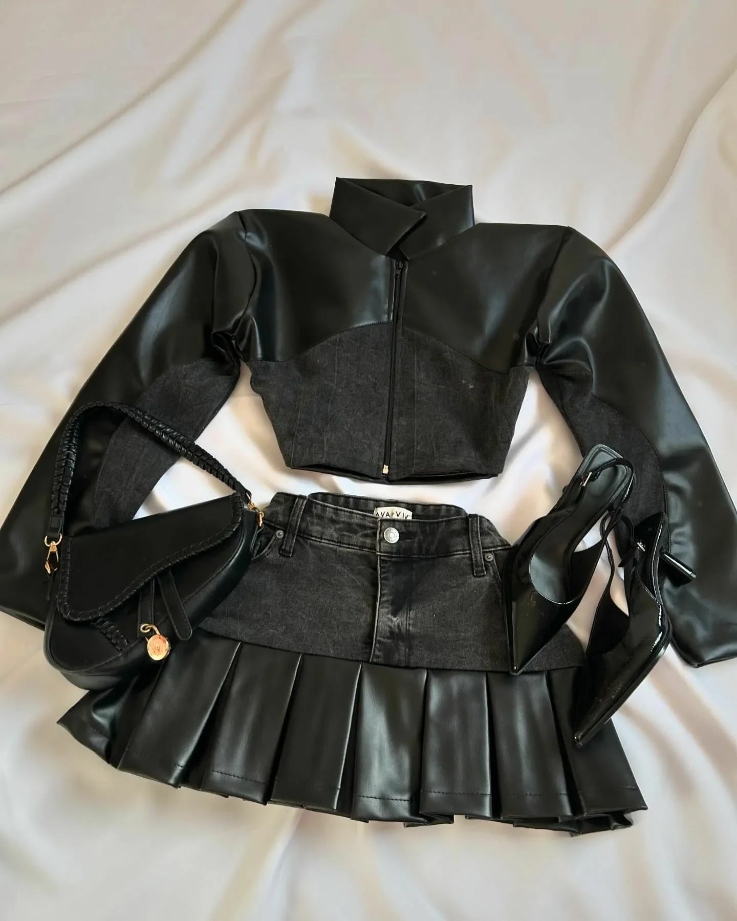 GETADME Two Piece Sets Womens Outifits Y2K Pu Leather Spliced Denim Black Skirt Sets New Harajuku Gothic Sexy Zipper Jacket Mini Skirt