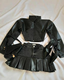 GETADME Two Piece Sets Womens Outifits Y2K Pu Leather Spliced Denim Black Skirt Sets New Harajuku Gothic Sexy Zipper Jacket Mini Skirt