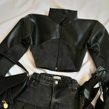 GETADME Two Piece Sets Womens Outifits Y2K Pu Leather Spliced Denim Black Skirt Sets New Harajuku Gothic Sexy Zipper Jacket Mini Skirt