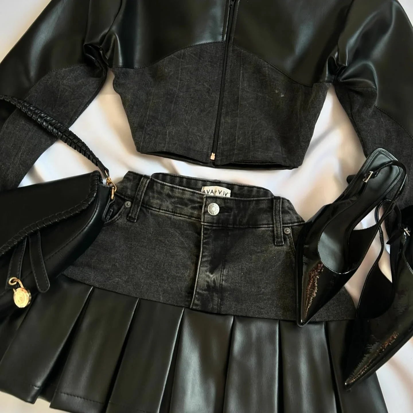 GETADME Two Piece Sets Womens Outifits Y2K Pu Leather Spliced Denim Black Skirt Sets New Harajuku Gothic Sexy Zipper Jacket Mini Skirt