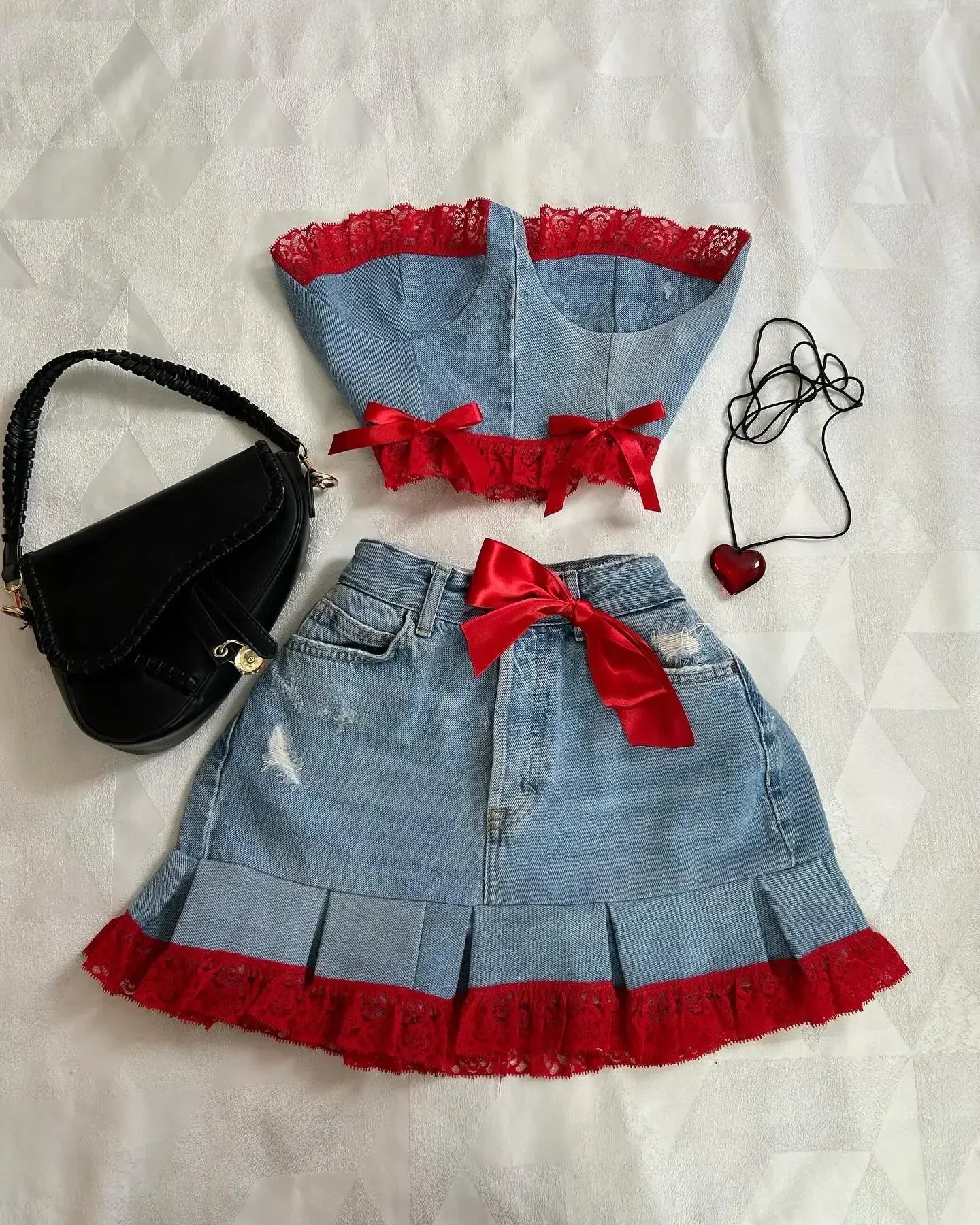 GETADME Two Piece Sets Womens Outifits Y2K Pu Leather Spliced Denim Black Skirt Sets New Harajuku Gothic Sexy Zipper Jacket Mini Skirt