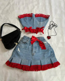 GETADME Two Piece Sets Womens Outifits Y2K Pu Leather Spliced Denim Black Skirt Sets New Harajuku Gothic Sexy Zipper Jacket Mini Skirt