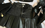 GETADME Two Piece Sets Womens Outifits Y2K Pu Leather Spliced Denim Black Skirt Sets New Harajuku Gothic Sexy Zipper Jacket Mini Skirt