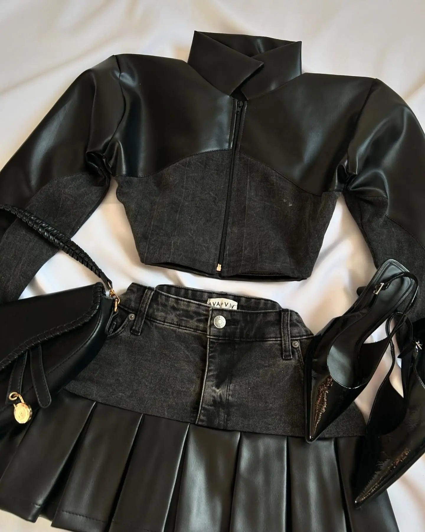 GETADME Two Piece Sets Womens Outifits Y2K Pu Leather Spliced Denim Black Skirt Sets New Harajuku Gothic Sexy Zipper Jacket Mini Skirt