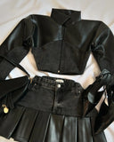 GETADME Two Piece Sets Womens Outifits Y2K Pu Leather Spliced Denim Black Skirt Sets New Harajuku Gothic Sexy Zipper Jacket Mini Skirt