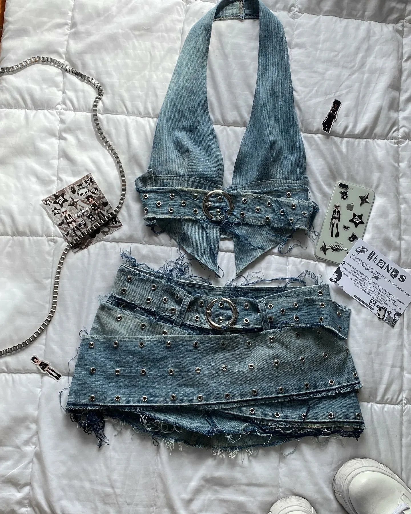 GETADME Two Piece Sets Womens Outifits Y2K Pu Leather Spliced Denim Black Skirt Sets New Harajuku Gothic Sexy Zipper Jacket Mini Skirt