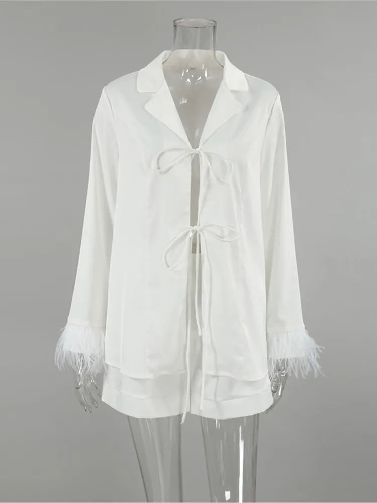 GETADME White Feather Satin Cardigan Top + Shorts Set Women Pajamas Long Sleeve Jakcets Shorts Female Outfits Fashion Sexy Homewear Suit