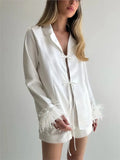 GETADME White Feather Satin Cardigan Top + Shorts Set Women Pajamas Long Sleeve Jakcets Shorts Female Outfits Fashion Sexy Homewear Suit
