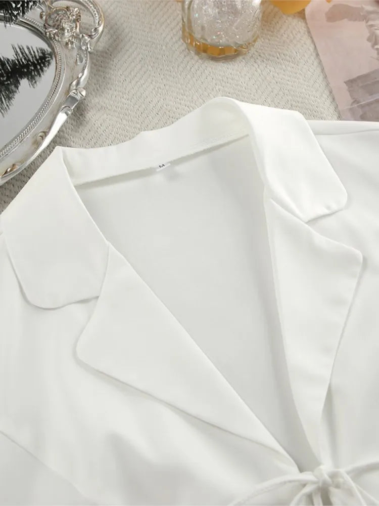 GETADME White Feather Satin Cardigan Top + Shorts Set Women Pajamas Long Sleeve Jakcets Shorts Female Outfits Fashion Sexy Homewear Suit