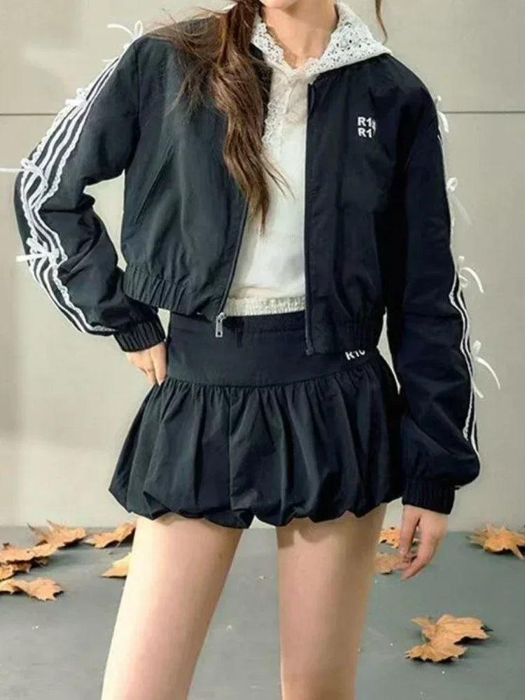 GETADME Woman New 2000s Aesthetics Elegant Two Piece Skirt Set Women Sexy Sport Wear Coat + Mini Skirt Suit Female High Street Chic Sets