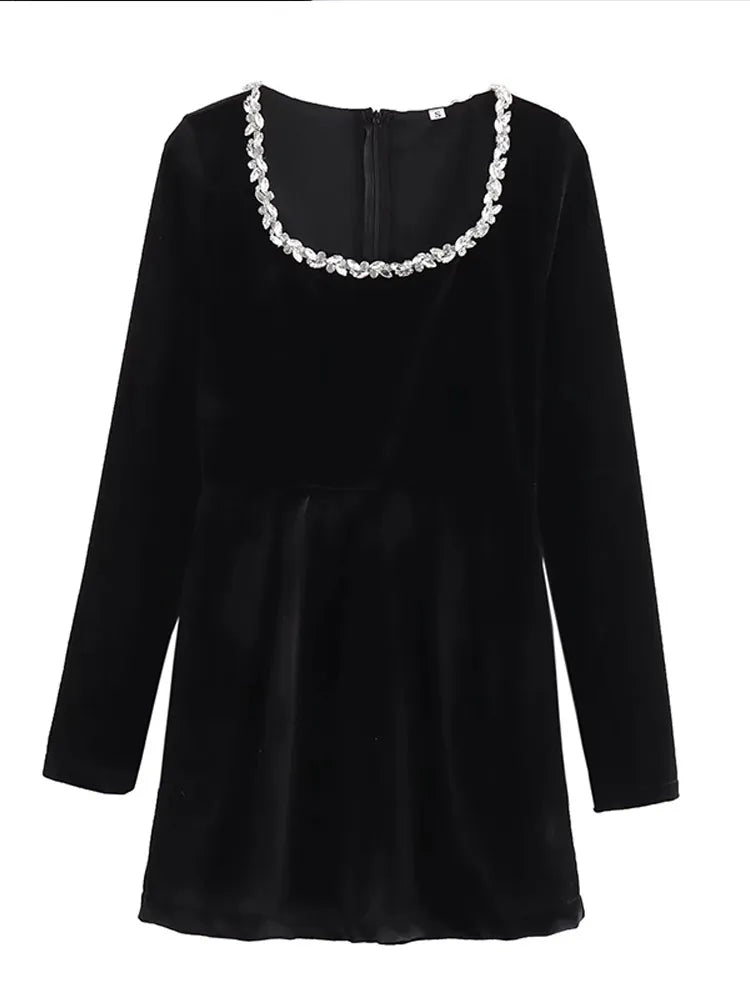 GETADME Women Black Rhinestone Decor Velvet Mini Dress Elegant Square Neck Long Sleeve High Waist A-line Dresses Lady Evening Party Gown