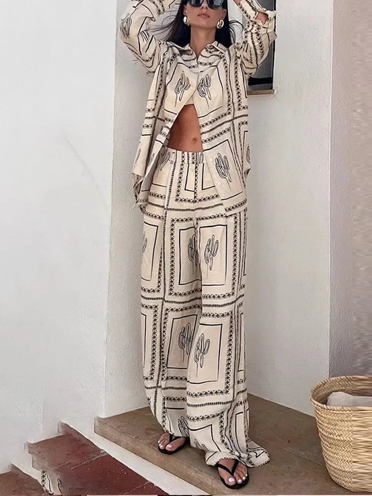 GETADME Women Printed Shirt Pant 2 Pieces Set Long Sleeve Lapel Collar Single Breasted Shirts and Straight Wide Leg Trousers Suit Female