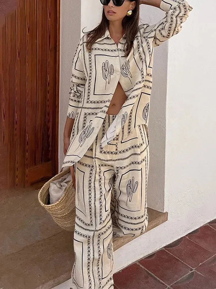 GETADME Women Printed Shirt Pant 2 Pieces Set Long Sleeve Lapel Collar Single Breasted Shirts and Straight Wide Leg Trousers Suit Female